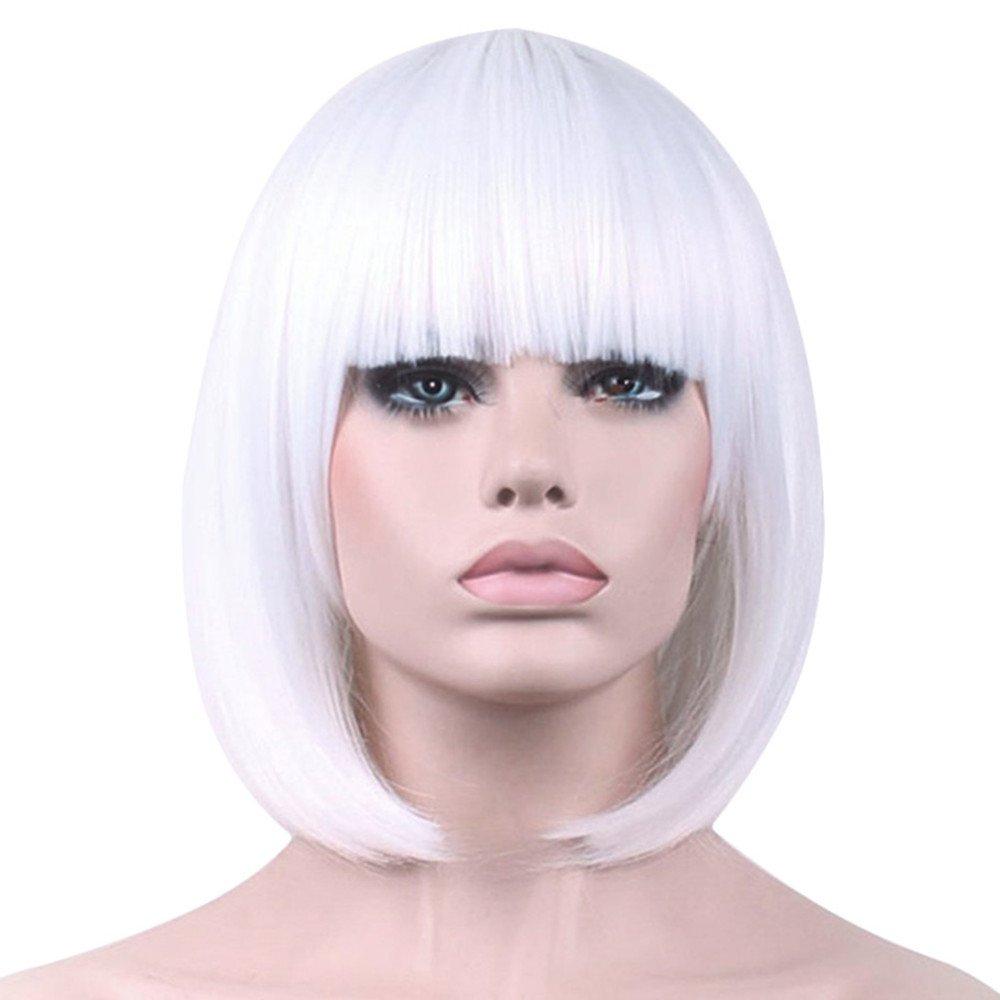 White Wigs for Women 12'' Short White Bob Hair Wig with Bangs Natural Synthetic Soft Wig Cute Colored Wigs for Daily Party Halloween BU027WH