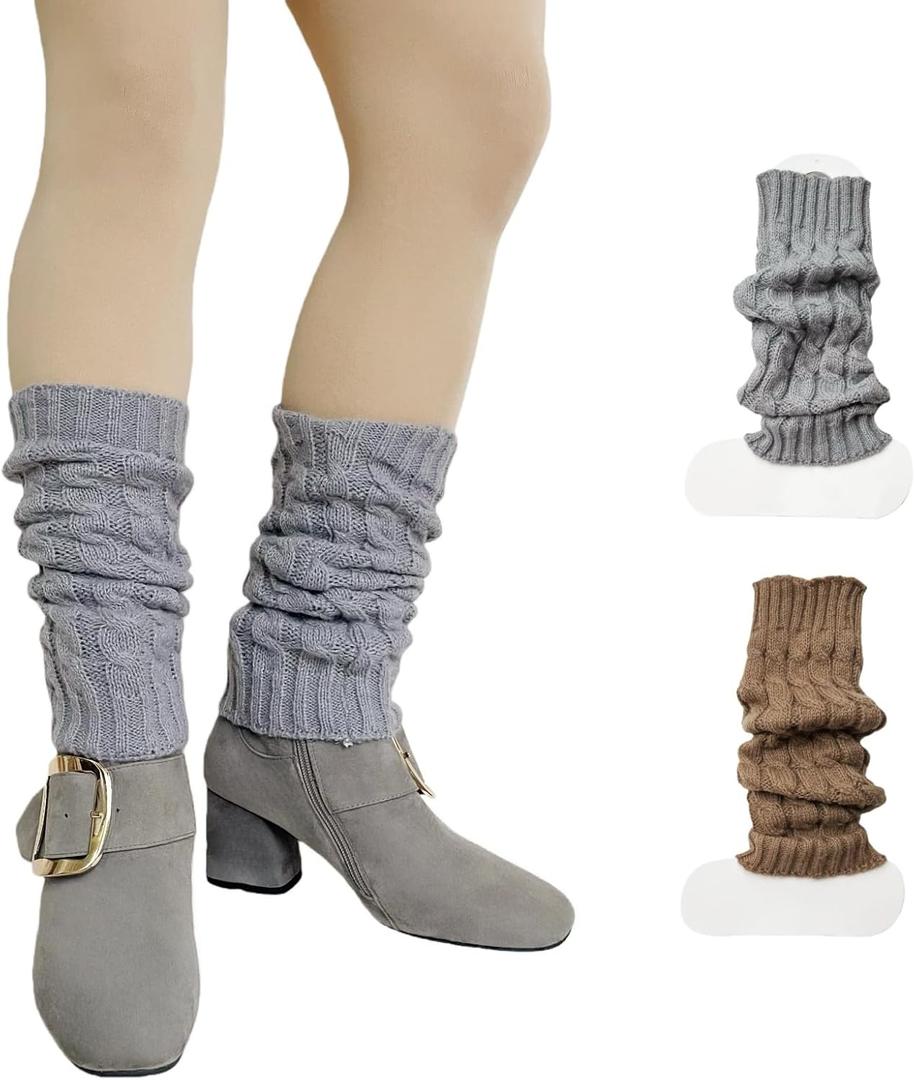 Womens Classic Cable Knit Leg Warmers  2 Pairs in 10 Colors Vintage-Inspired Winter Warmers (Dark Khaki & Light Gray)