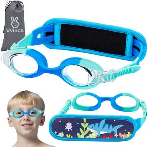 Vvinca Kids Swim Goggles with Fabric Strap No Tangle Pain-Free, Anti-Fog Swimming Pool Goggle No Leak for Toddlers Girls Boys (01-light Green Blue)