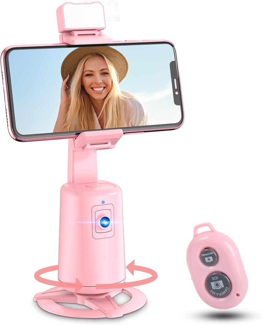 Auto Face Tracking Tripod 360 Rotating Cell Phone Photo and Video Kits Stand, No App, Camera Stand with Remote and Gesture Control, Rechargeable Smart Shooting Stand for Live Recording TiktokPink