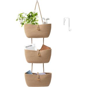 TeoKJ 3-Tier Cotton Rope Baskets with Button Strap Over the Door Wall Hanging Baskets for Nursery, Living Room, Bathroom, Door Storage Organizer for Decoration-Jute