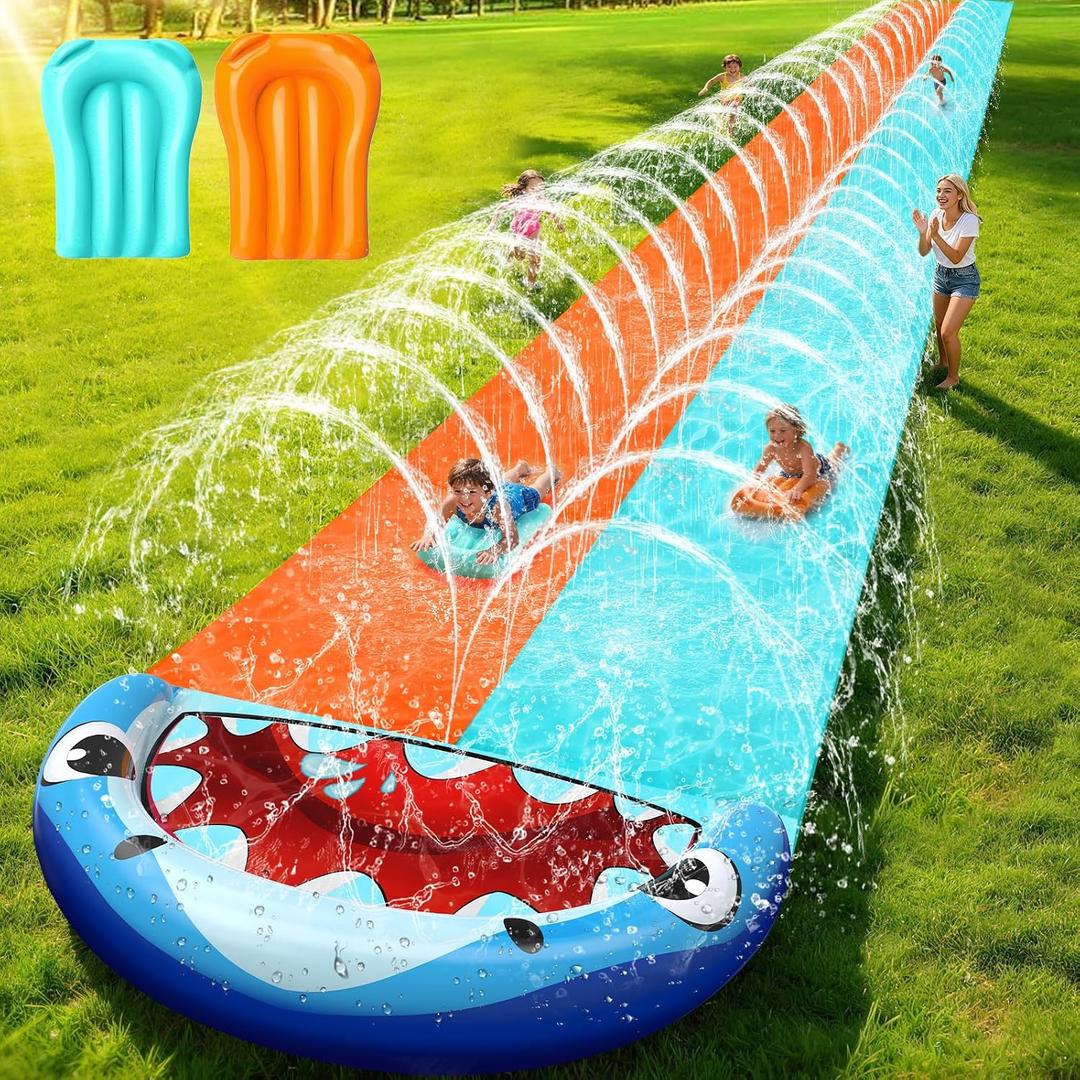 50FT Extra Long Slip Lawn Water Slide for Kids Adults, XXXL Giant Heavy Duty Outdoor Racing Slide Toy with Sprinkler N 2 Inflatable Bodyboards, Double Lane Backyard Summer Play Slip Toy with Crash Pad