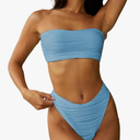 ZAFUL Women Strapless Textured Bandeau Bikini 2 Piece Swimwear Cheeky Solid Lace up Bathing Suits, Size:Large