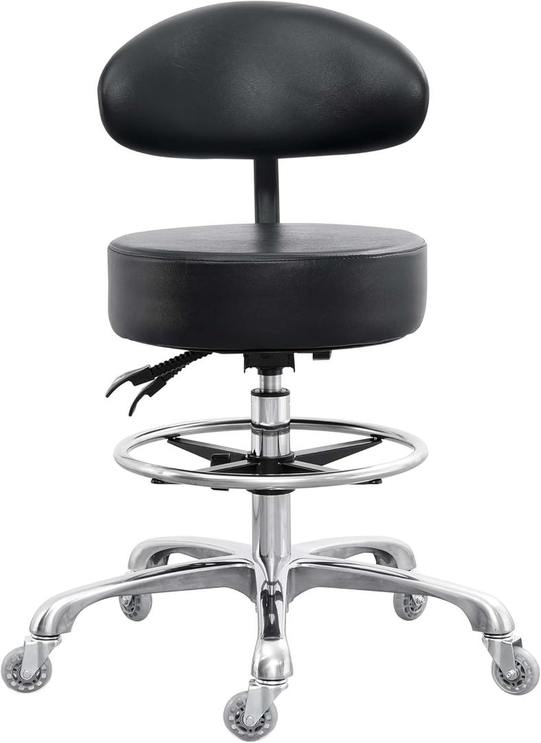 Grace&Grace Drafting Chair Big Cushion Rolling Stool with Back, Tall Shop Stool Rolling Chair with Footrest for Studio, Workshop, Classroom, Lab, Counter, Home Office (Black)