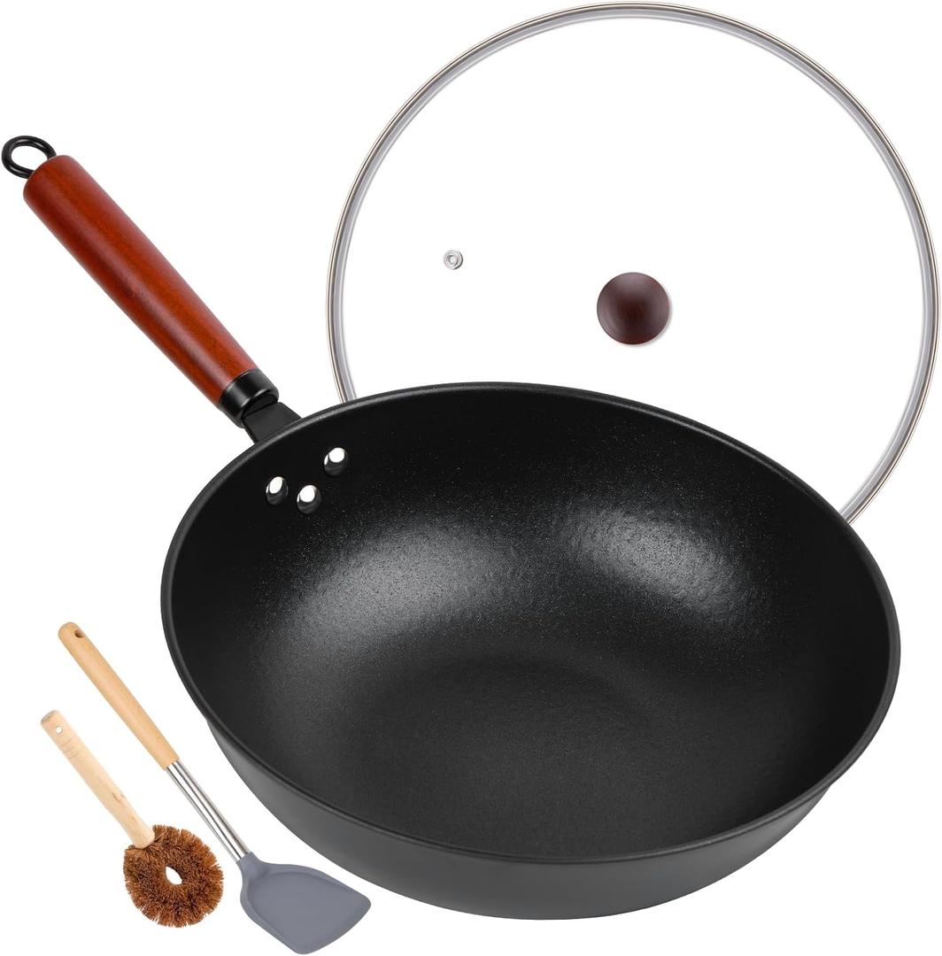 13" Nonstick Wok - Wok Pan with Glass Cover, Carbon Steel Woks & Stir-Fry Pans: Flat Bottom Chinese woks for Electric, Induction, Gas, All Stoves