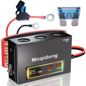 360W Car Cigarette Lighter Adapter with Eyelet Terminal: 15A Metal 12V Cigarette Lighter Socket 30W USB C Car Power Outlet Socket 12V Splitter Boat USB Charging Port Battery Terminal Adapter