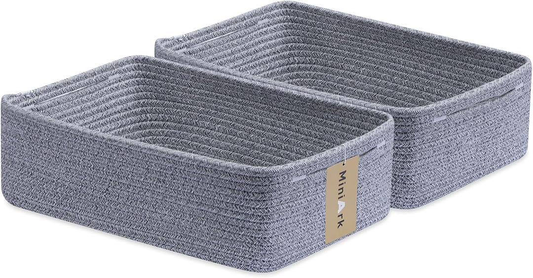 MiniArk Large Shallow Organizing Baskets 15x11x5.1 Inches - Rope Woven Storage Bins for Bathroom, Shelves, Cube Closet, Mixed Grey 2 Packs