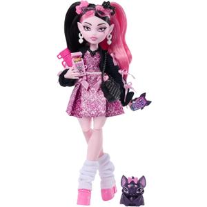 Monster High Doll, Draculaura in Pink Bow Dress and Black Cardigan with Pet Bat Count Fabulous and 7 Accessories Like Ramen, Lipstick and Purse