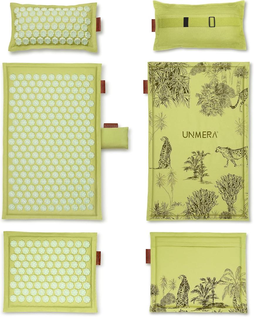 UNMERA Acupressure Mat and Pillow Set,Natural Premium Linen & Coconut Fiber Filling,for Back/Neck Pain Relief, Sciatic, Headache and Muscle Relaxation, Comes with Carrying Bag (Xl-5- Piece Set- Forest Green)