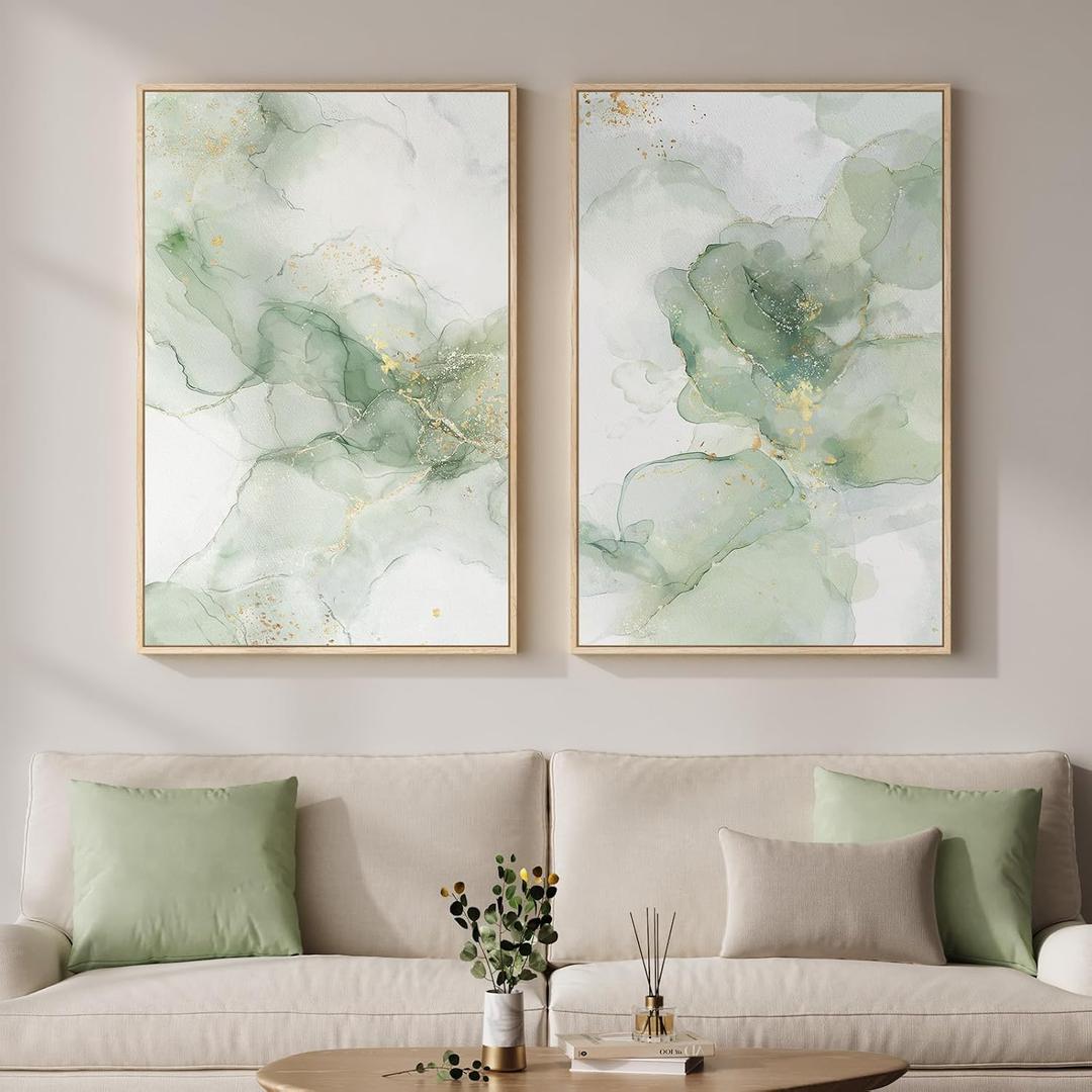 Framed Sage Green Abstract Wall Art for Living Room, Large Set of 2 Green Gold Canvas Artwork for Walls, Minimalist Modern Paintings Print Wall Decor for Bedroom Dining Room Office Hallway, 24x36 Inch, 24" W X 36" H X 2pcs