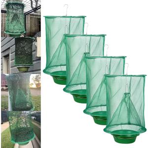 4 Pack Ranch Fly Traps Outdoor Hanging, Reusable Stable Fly Hunter Catcher Cage with Food Bait Tray, Flies Control Killer Repellent for Barn, Orchard, Farm, Horse, Patio