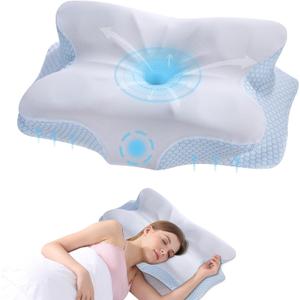Cervical Neck Pillow - Memory Foam Pillow for Neck Support and Pain Relief, Ergonomic Contour Pillow for Side Back and Stomach Sleepers, Soft and Cooling Ice Silk Washable Pillowcase (White-blue)