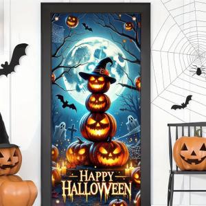 Halloween Door Cover 71x35 Inch Pumpkin Stack Glowing Jack O Lanterns Banner Full Moon Ghosts Bats Graveyard Scene Banner Happy Halloween Door Decoration for Porch Party Decor
