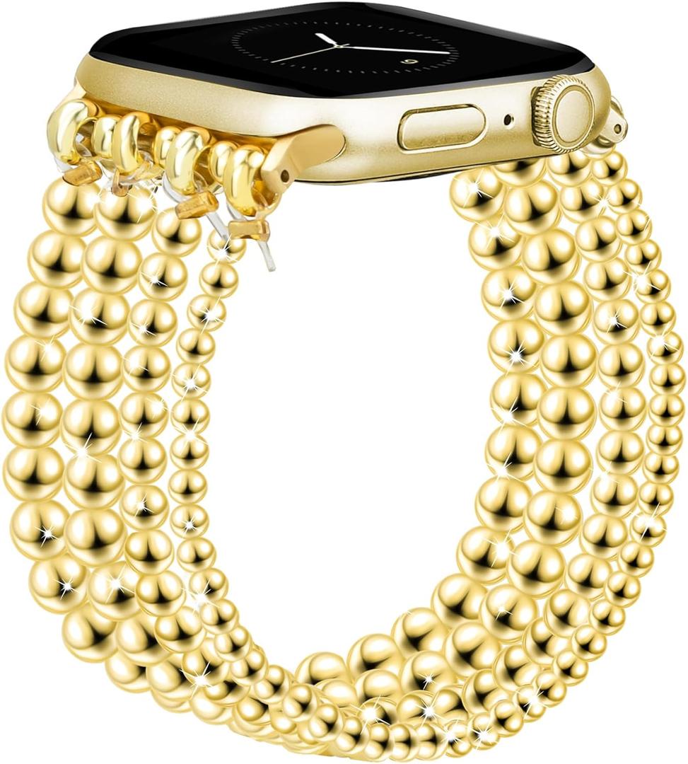 JR.DM Gold Beaded Bracelet Bands Women Compatible with Apple Watch 40mm 42mm(S10/11) 41mm 38mm Dressy Fancy Stretchy Elastic Jewelry Strap Replacement for iWatch Series 11/10/9/8/7/6/5/4/3/2/1/SE