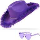 Cowboy Hat with Heart Sunglasses - Cowgirl Hat with Feather Boa Brim for Women&Men,Bachelorette Party Halloween (Purple)