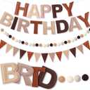 Oudain 4 Pcs Pre Strung Happy Birthday Banner Felt Happy Birthday Garland Pom Pom Balls Felt Pennant Flag Multicolor Bunting String Triangle Flags Bulk Reusable Party Decorations(Coffee, Beige)