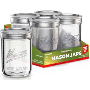 Wide Mouth Mason Jars 16 oz [5 Pack] With Mason Jar Lids and Bands, Mason Jars 16 oz - For Canning, Fermenting, Pickling - Jar Dcor - Microwave/Freeze/Dishwasher Safe.