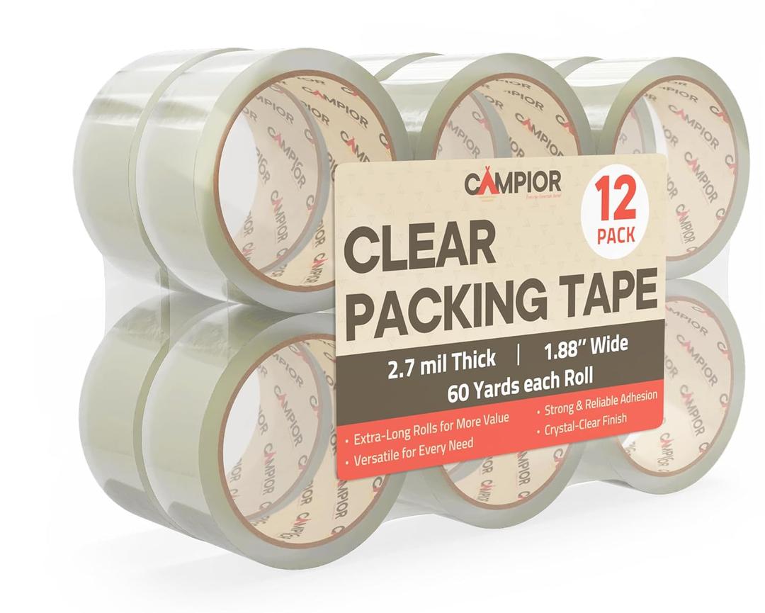 Clear Packing Tape Heavy Duty 12 Rolls, 1.7mil Thickness, Strong Adhesive for Shipping, Moving & Packaging, 1.88" Wide x 60 Yards Per Roll, Smooth Unroll, Clear Finish, Fits Standard Dispensers
