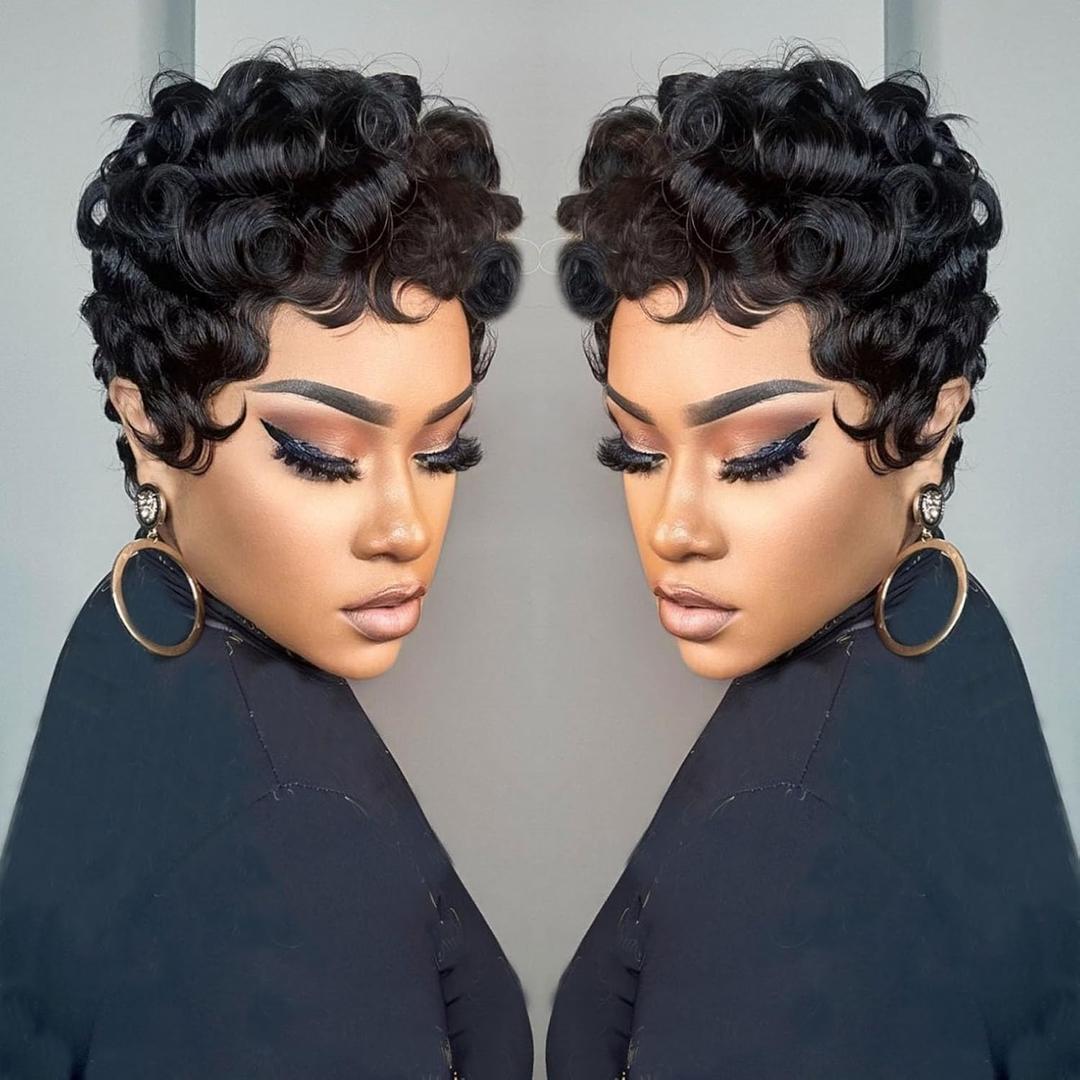 Pixie Cut Wig Human Hair Short Layered Pixie Cut Wigs for Black Women Glueless None Lace Front Wig Short Straight Bob Wig Full Machine Made Wig Color 043#