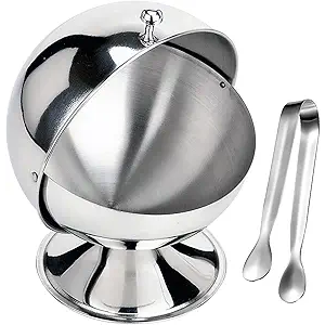 Sugar Bowl with Roll Top Stainless Steel Spherical Candies Bowl with 4.3 Inch Sugar Tong Stainless Sugar Clip for Kitchen Coffee Bar Beverage Household