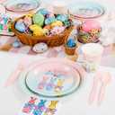 EI 210pcs Easter Paper Plates and Napkins Easter Spring Bunny Plates Disposable Heavy Duty Paper Plate Pink Kinves Spoons Forks Cups for Birthday Spring Tea Party