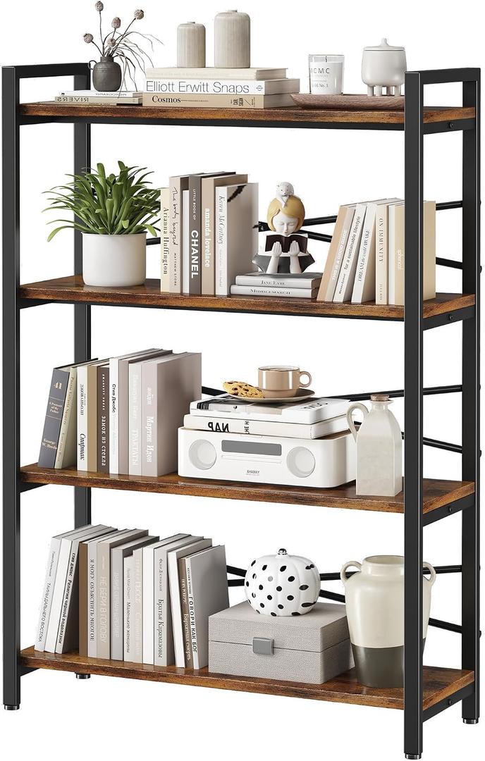 4 Tier Bookshelf 31.49" Width, Book Organizers and Storage, Wood and Metal Tall Bookcase, Rustic Book Shelf Organization and Storage for Home Living Room Bedroom Office Storage(Rustic Brown), 4 Tier - 31.5" W