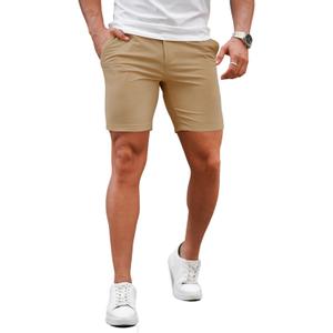 GINGTTO Mens Slim Fit Shorts 7" Inseam Skinny Chino Short Tapered Leg Stretch (Khaki), Size 32