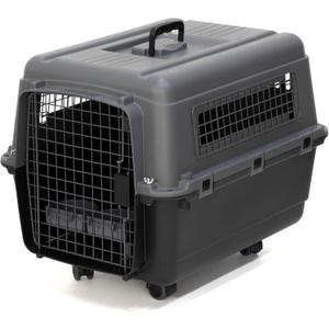 SportPet Airline Compliant MEDIUM 24.25" Travel Dog Kennel-Durable Plastic Airline Pet Carrier w/ Removable Wheels & Food Bowls, Collapsible Indoor/Outdoor Dog Kennel, Dogs up to 23"L & 15"H-Dark Gray
