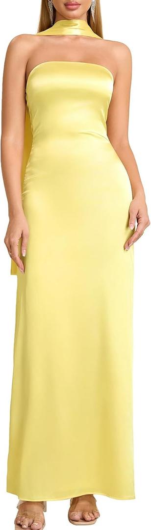 EYNMIN Women's Tube Maxi Dress with Scarf Satin Strapless Elegant Long Formal Wedding Guest Dresses (Yellow, M)