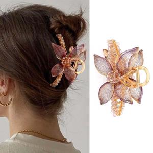 Flower Hair Clip, Gold Metal Hair Clip, Large Beaded Hair Clip, Hair Jewelry For Women
