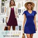 Summer Dresses for Women 2025 Casual V Neck Flutter Short Sleeve Mini Dress Beach T Shirt Sundress with Pockets (Black, L)