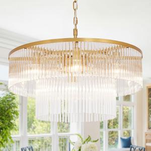 DEARLAN Round Crystal Chandelier Modern Brushed Brass Glass Raindrop Chandeliers for Dining Room 8 Lights Hanging Pendant Ceiling Lamp for Entryway Foyer Lighting Fixture D23.6
