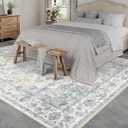 9x12 Neutral Area Rug Blue Vintage Living Room Bedroom Washable Carpet Non-Slip Soft Low Pile Farmhouse Indoor Large Throw Rug for Dining Room Office
