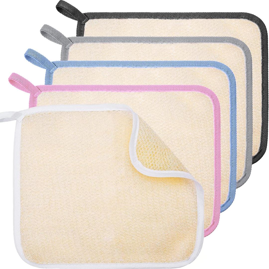 Tatuo 5 Pcs Exfoliating Face and Body Wash Cloths Towel Weave Bath Exfoliating Scrub Massage Bath Cloth for Women and Men, 10.63 x 9.05 Inch (White, Pink, Blue, Gray, Black Edge)