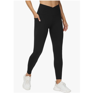 Women's V Cross Waist Workout Leggings Tummy Control Running Yoga Pants with Pockets,Pack of 3, L