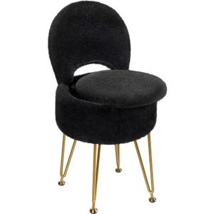 GREENSTELL Small Vanity Stool Chair with Storage and Folding Back, 13" x 13" x 17.7" Faux Fur Soft Ottoman for Teenager, 4 Metal Legs with Anti-Slip Feet, Furry Padded Seat for Makeup, Bedroom, Black
