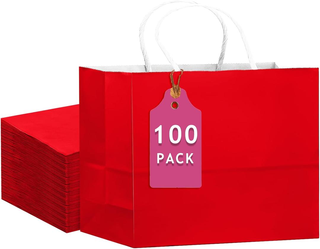 qiqee 100PCS Large Gift Bag with Handles Bulk 13"x4.5"x10" Gift Bags Red Multiple Uses (32x11x25cm,Wide Large)