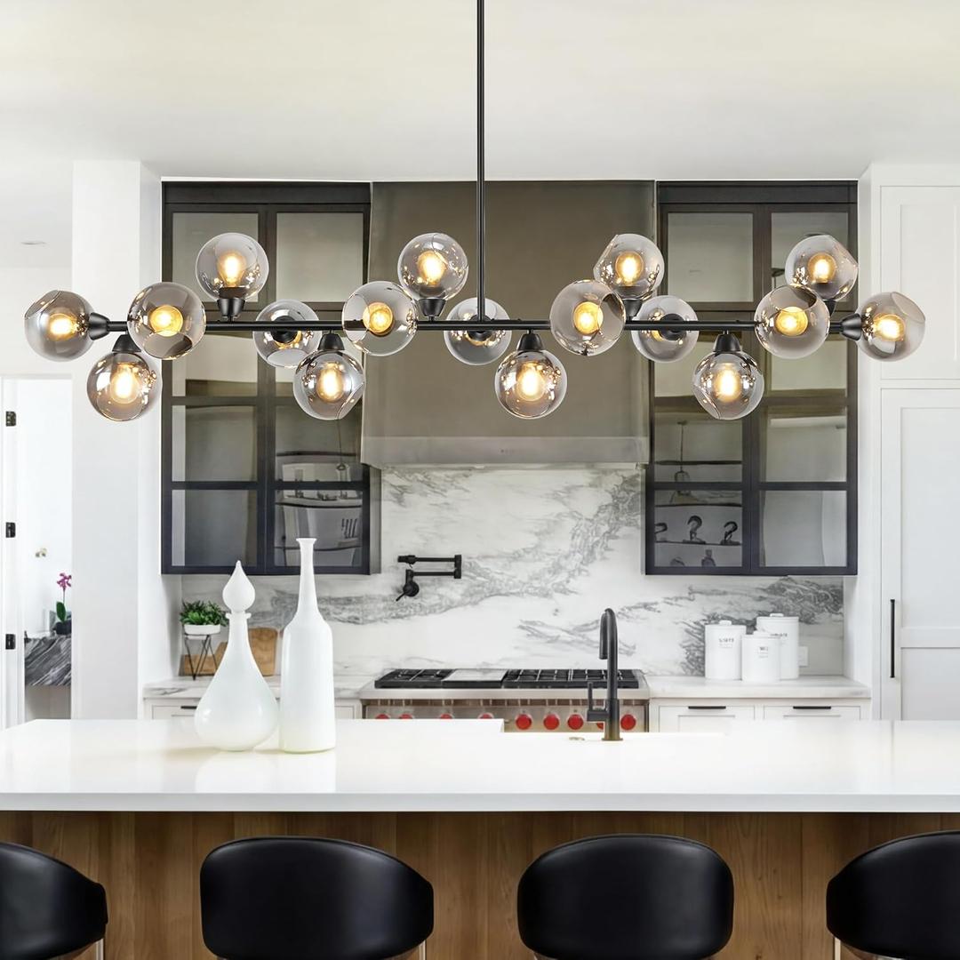 Modern Linear Chandelier Large Linear Chandeliers for Dining Room Black Dining Room Light Fixtures Over Table with Smoke Gray Open Glass 17 Lights Globe Glass Chandelier for Kitchen Island 75 Inch ETL