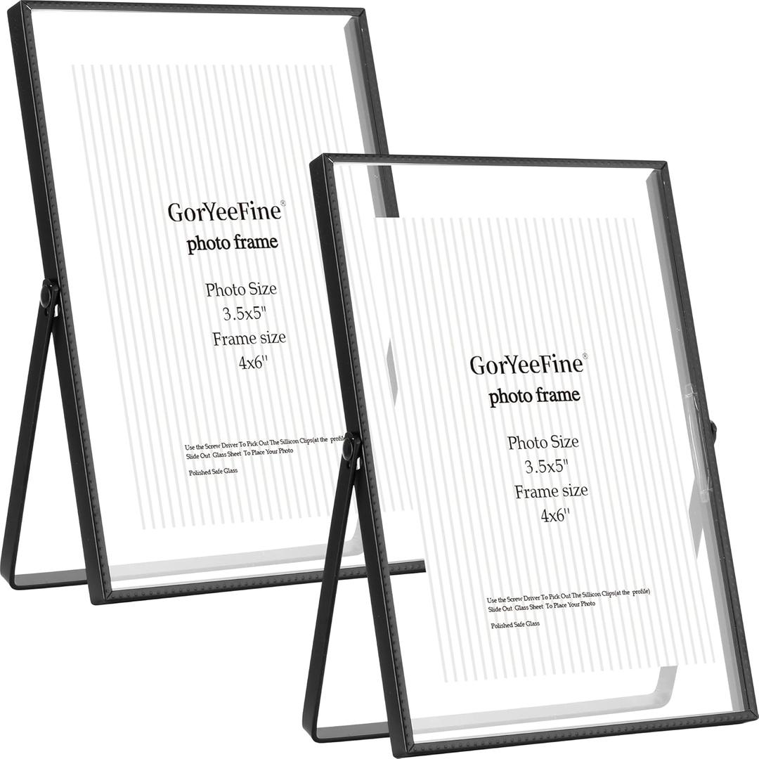 Black 4x6'' Floating Picture Frame Set of 2, For Photo Sizes (2x3'',3.5x5''),Beautiful Metal Beaded Edge Frames Adjustable Tabletop/Shelf Photo Frame, Classy Gift Choice for Wedding, Christmas, Party