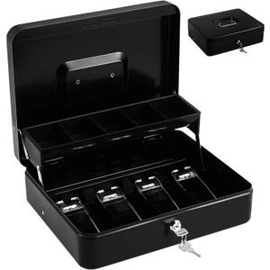 Portable Metal Cash Box with Lock and Money Tray, Black Iron Safe Box for Cash and Keys, 11.81 X 9.44 X 3.54 Inches, Ideal for Home and Small Business Use