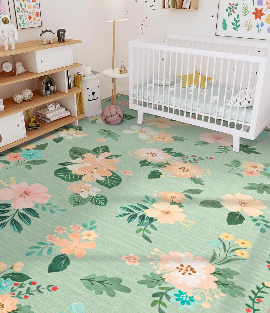 YIHOUSE Floral Print Green Washable Area Rug 8'x10'- Large Colorful Ultra-Thin Non-Slip Area Rug for Living Room, Bedroom, Nursery Room, Classroom, Playroom,Home Office (Green, 8x10ft)