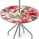 Round Outdoor Tablecloth with Umbrella Hole and Zipper Tropical Flowers Waterproof Round Fitted Tablecloth with Elastic Wipeable Table Cloth for Picnic, Patio,Garden (36"-44")