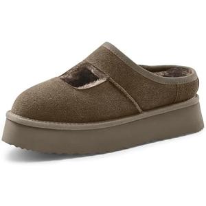 Vilanva Platform Slippers for Women Cozy Fur Lined Slip on Mary Jane Winter Shoes Warm Comfy House Slippers for Indoor Outdoor (Taupe,8.5)