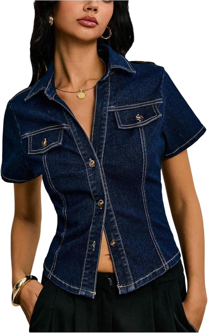 OYOANGLE Women's Short Sleeve Button Down Denim Jackets Collared Fitted Y2K Jean Shirt Tops 
Dark Wash S