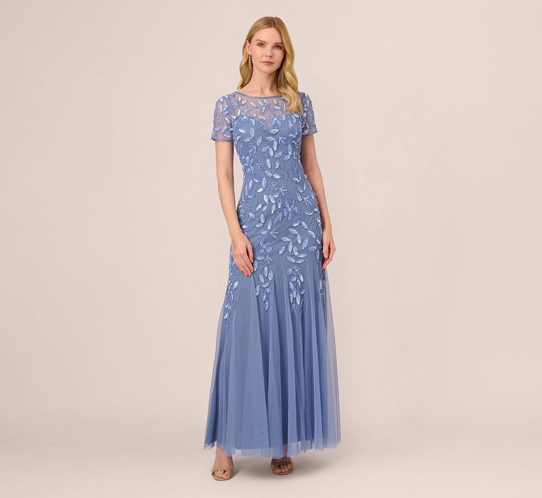 Adrianna Papell Women's Beaded Gown with Godets, French Blue, Size 12