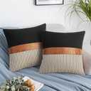 Set of 2 Farmhouse Decor Stripe Patchwork Black Linen Throw Pillow Covers,Modern Tan Faux Leather Accent Pillow Covers 18x18 inch, Grey Stripe