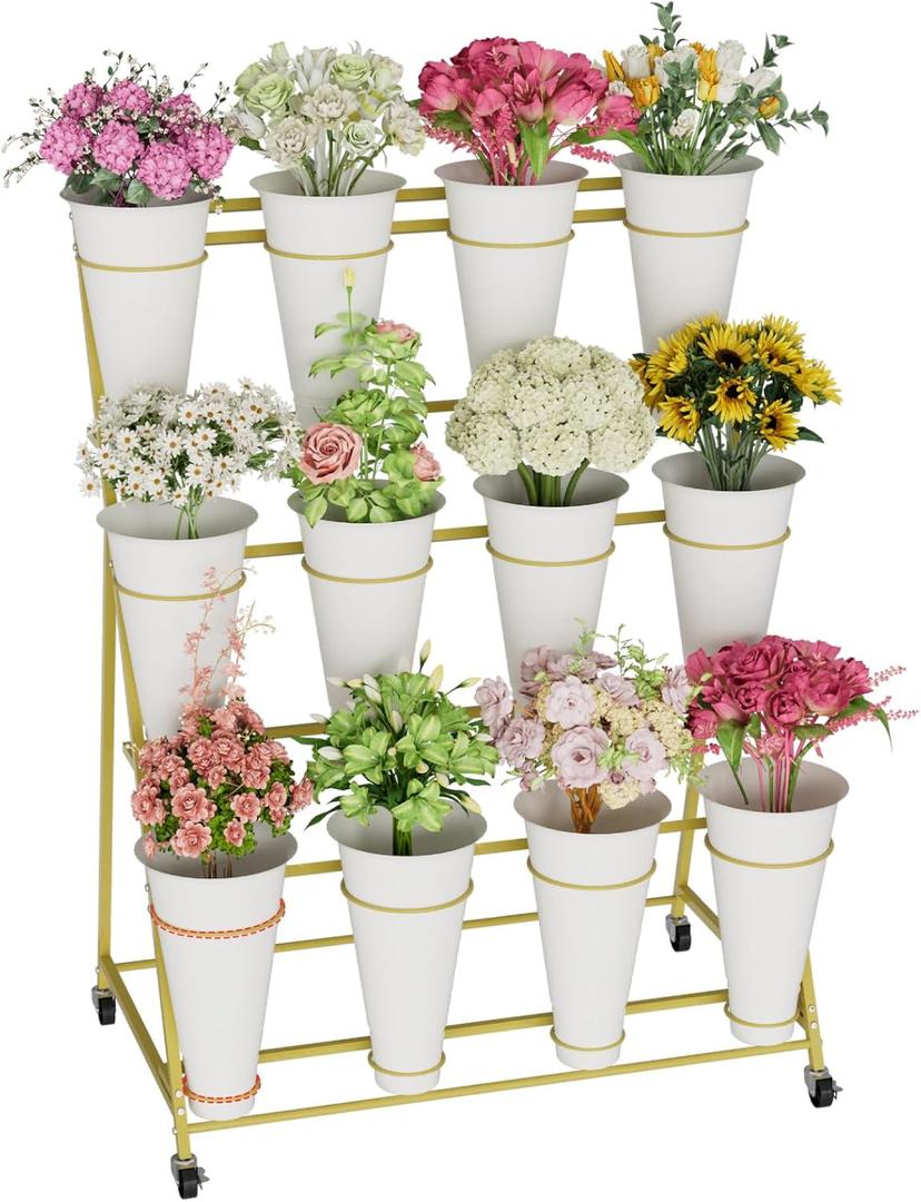 Flower Stand, 3 Tier Flower Display Stand with 12 Buckets, Upgrade Double Circle No Shaking, Outdoor Flower Cart with Wheels for Patio, Garden, Shop, Wedding, Party, Exhibition, Indoor, Gold