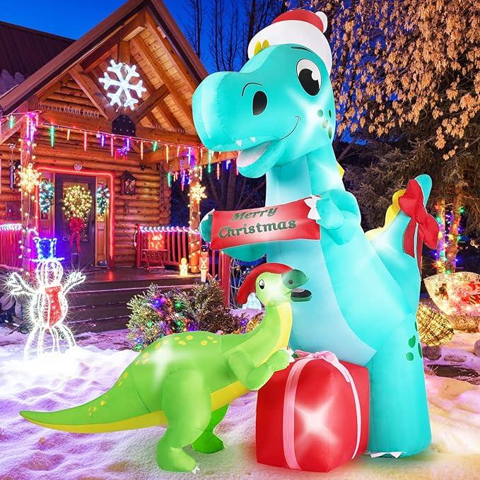 8FT Dinosaur Christmas Inflatables Outdoor Decorations, Light Up Inflatable Christmas Blow Up Yard Decorations, Giant T-rex & Parasaurolophus Xmas Holiday Decorations for Yard Lawn Garden Patio