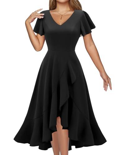 DRESSTELLS Women's Cocktail Dresses, Semi Formal Wedding Guest Graduation Vintage Tea Party Mother Bride Fit Flare Evening Ruffle Baby Shower Summer Prom Dress Black L