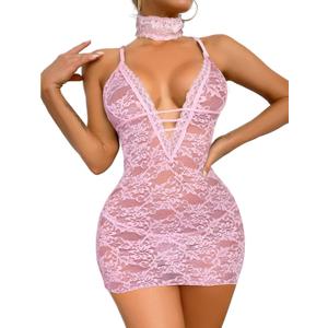 Avidlove Women Babydoll Lingerie Lace Chemise Halter Nightwear Teddy Dress (X-Large, Pink)
